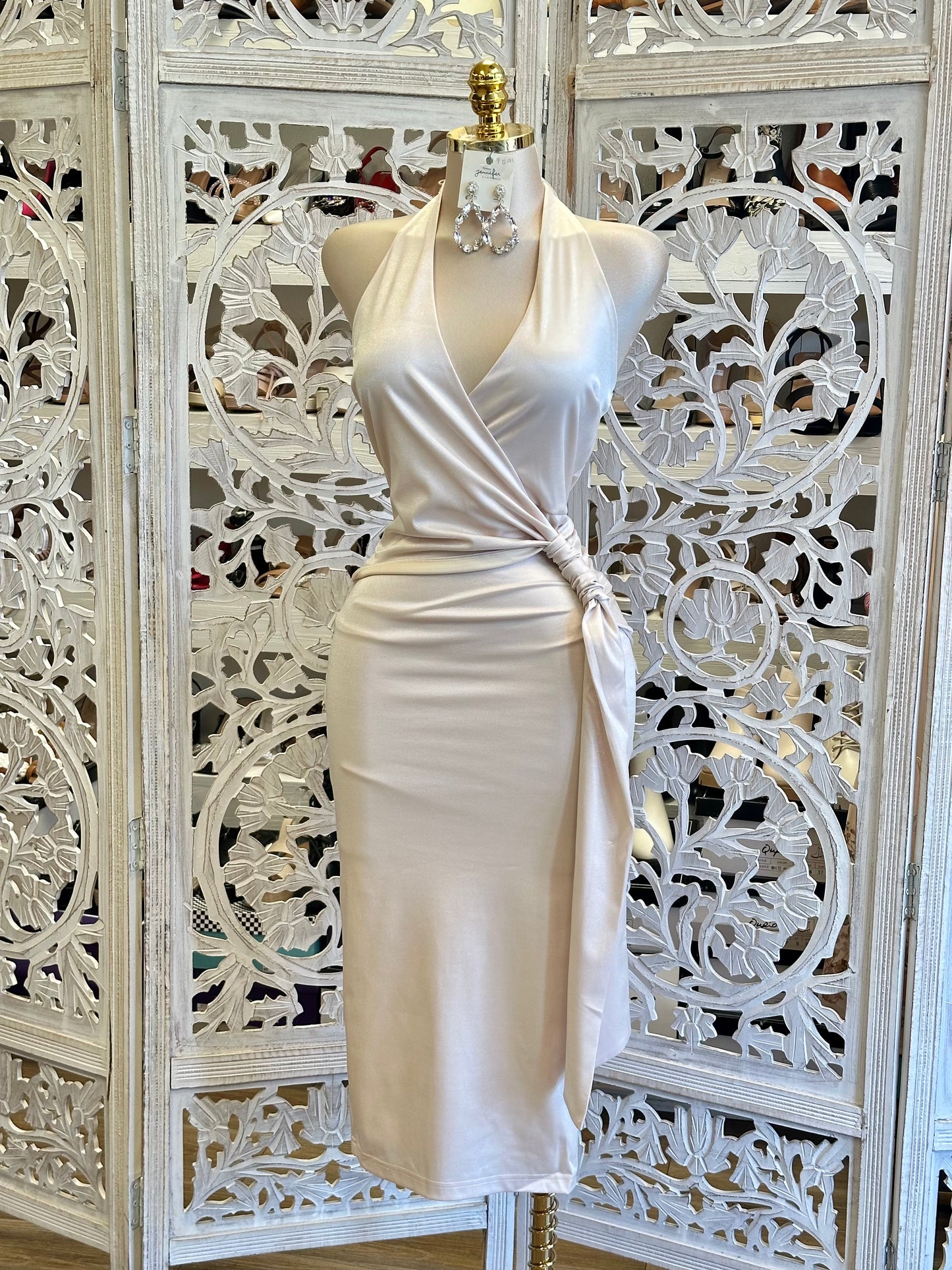 Knotted Midi Off White Dress-Stretchy, Estira