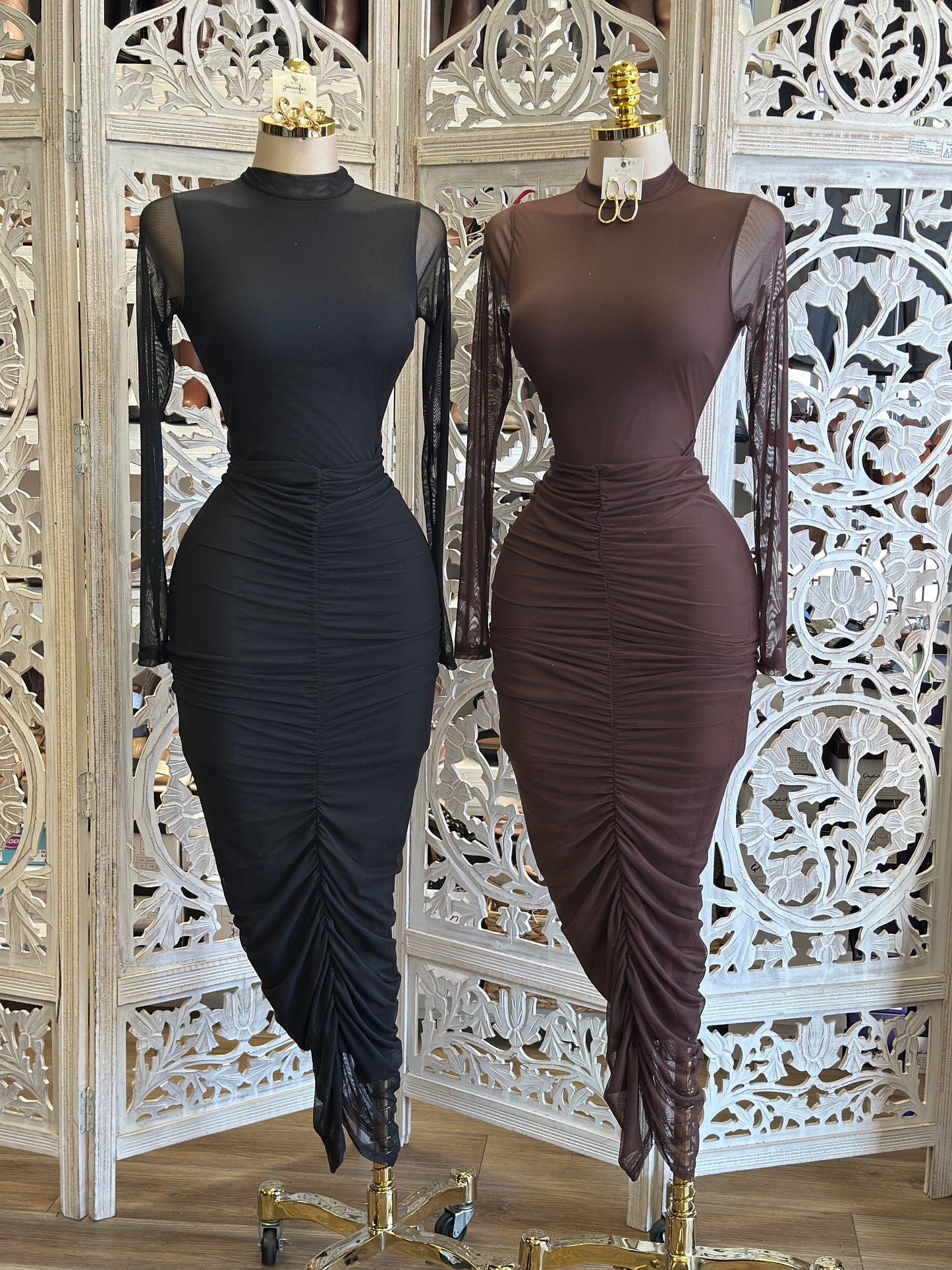 Mesh Embroidered Sleeve Ruched Dress- Stretchy,Estira