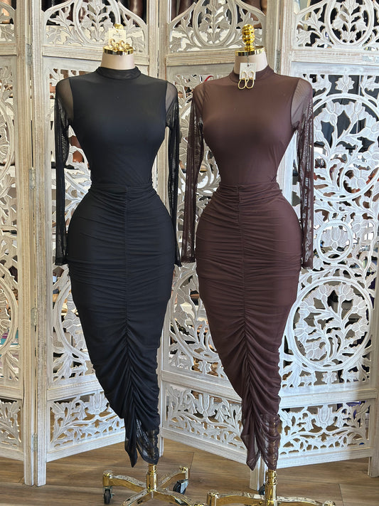 Mesh Embroidered Sleeve Ruched Dress- Stretchy,Estira