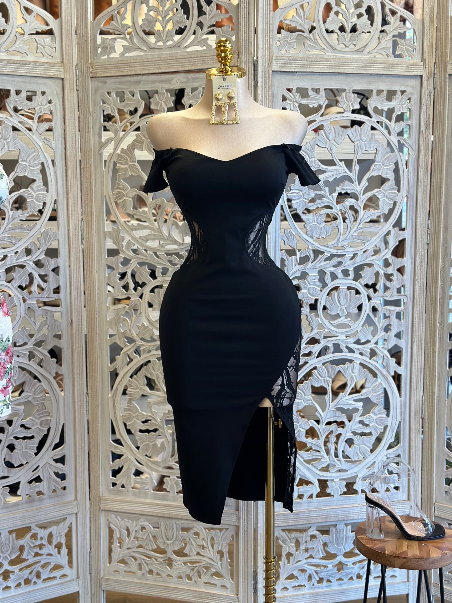 Black Off Shoulder Lace Cutout Dress - Estira, Stretchy