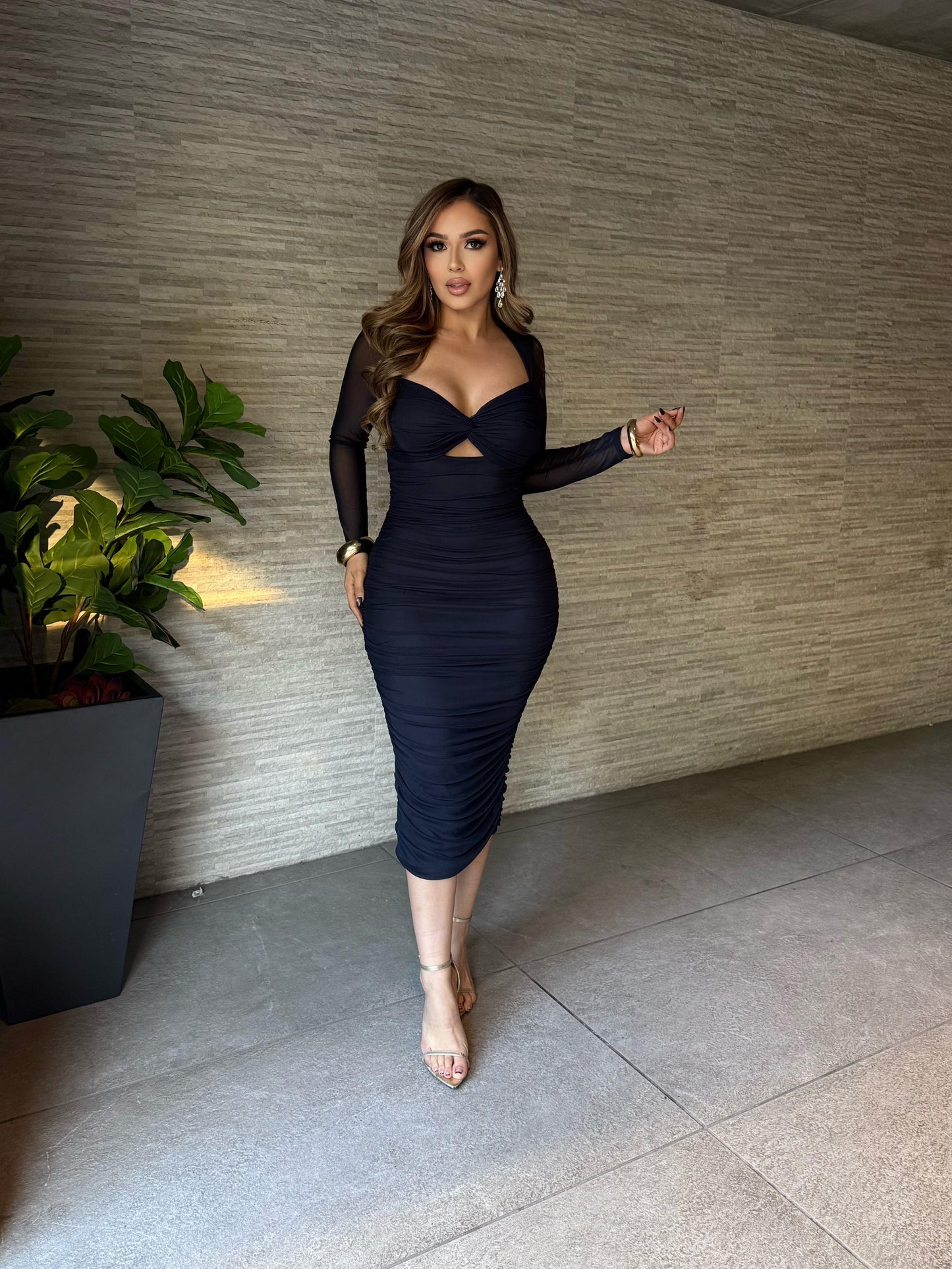 Navy Blue Mesh Sleeve Cutout Dress-Stretchy,Estira