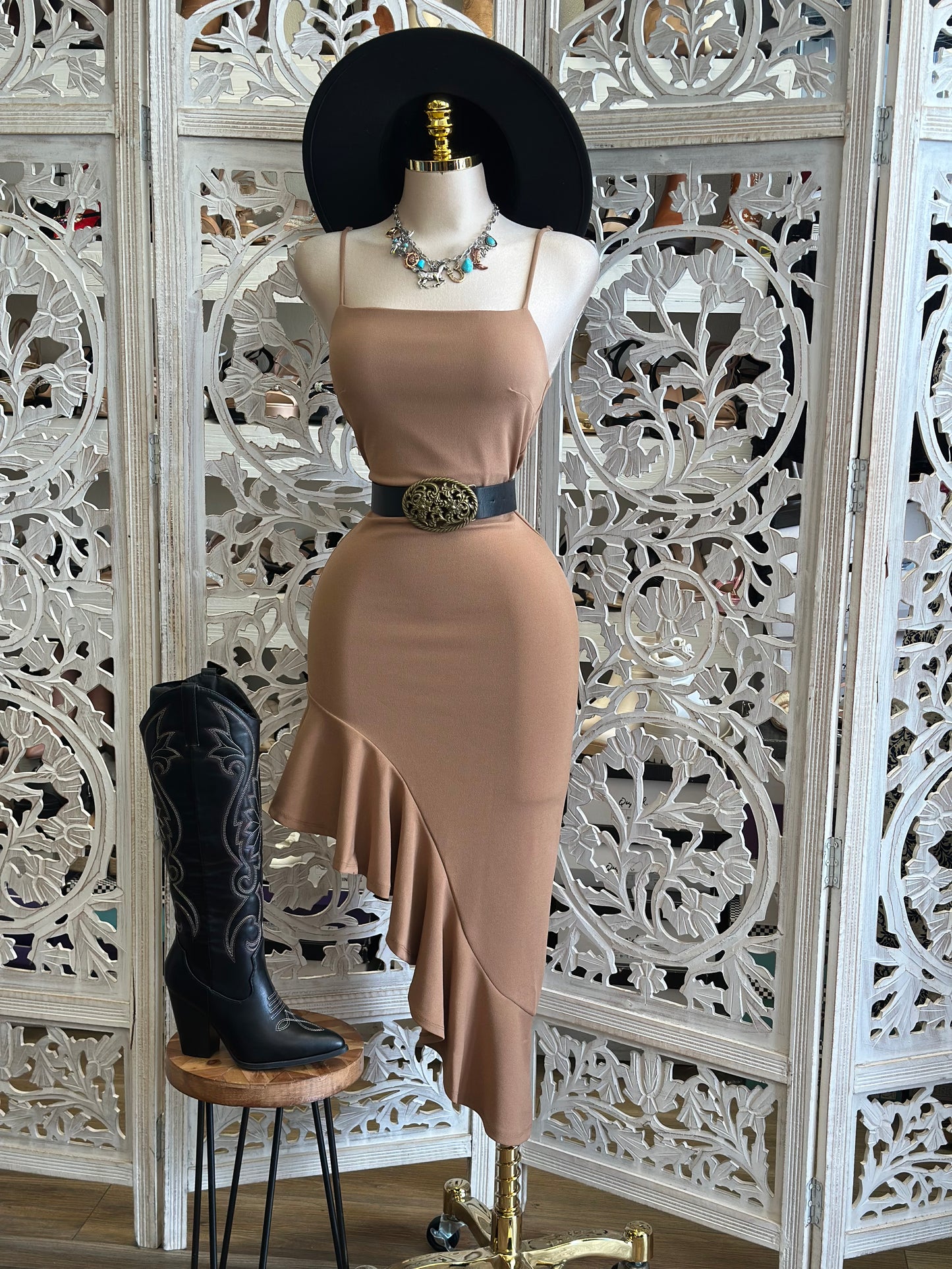 Soft Brown Asymmetrical Ruffle Dress- Stretchy, Estira
