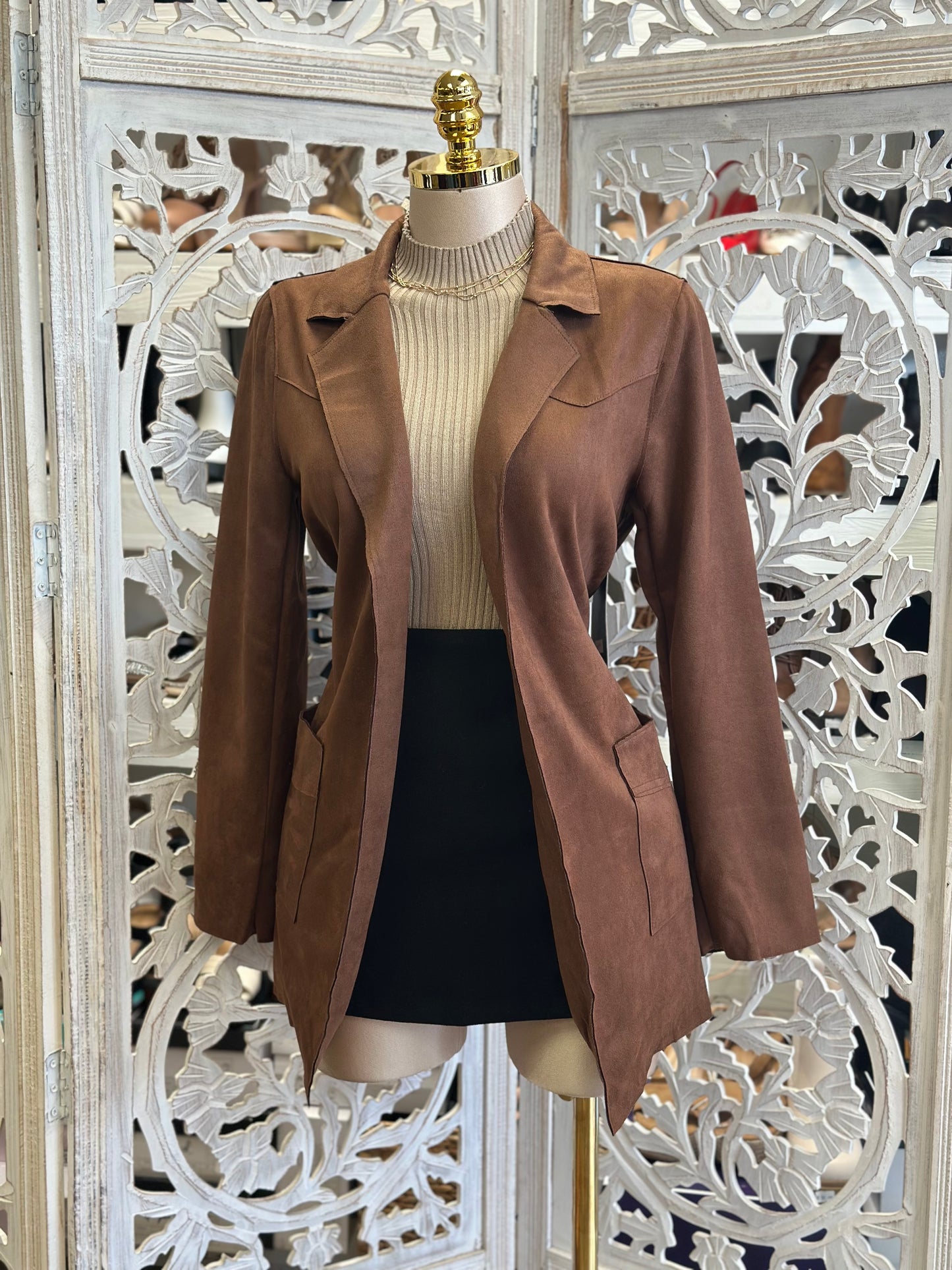 Brown Suede Pocketed Midsize Coat