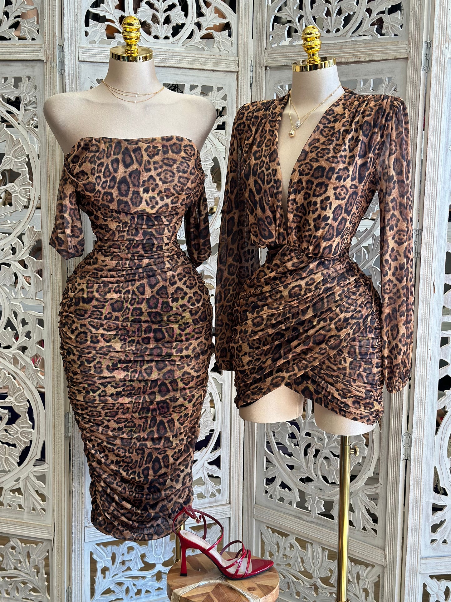 Deep V Wrapped Cheetah Mini Dress- Stretchy, Estira
