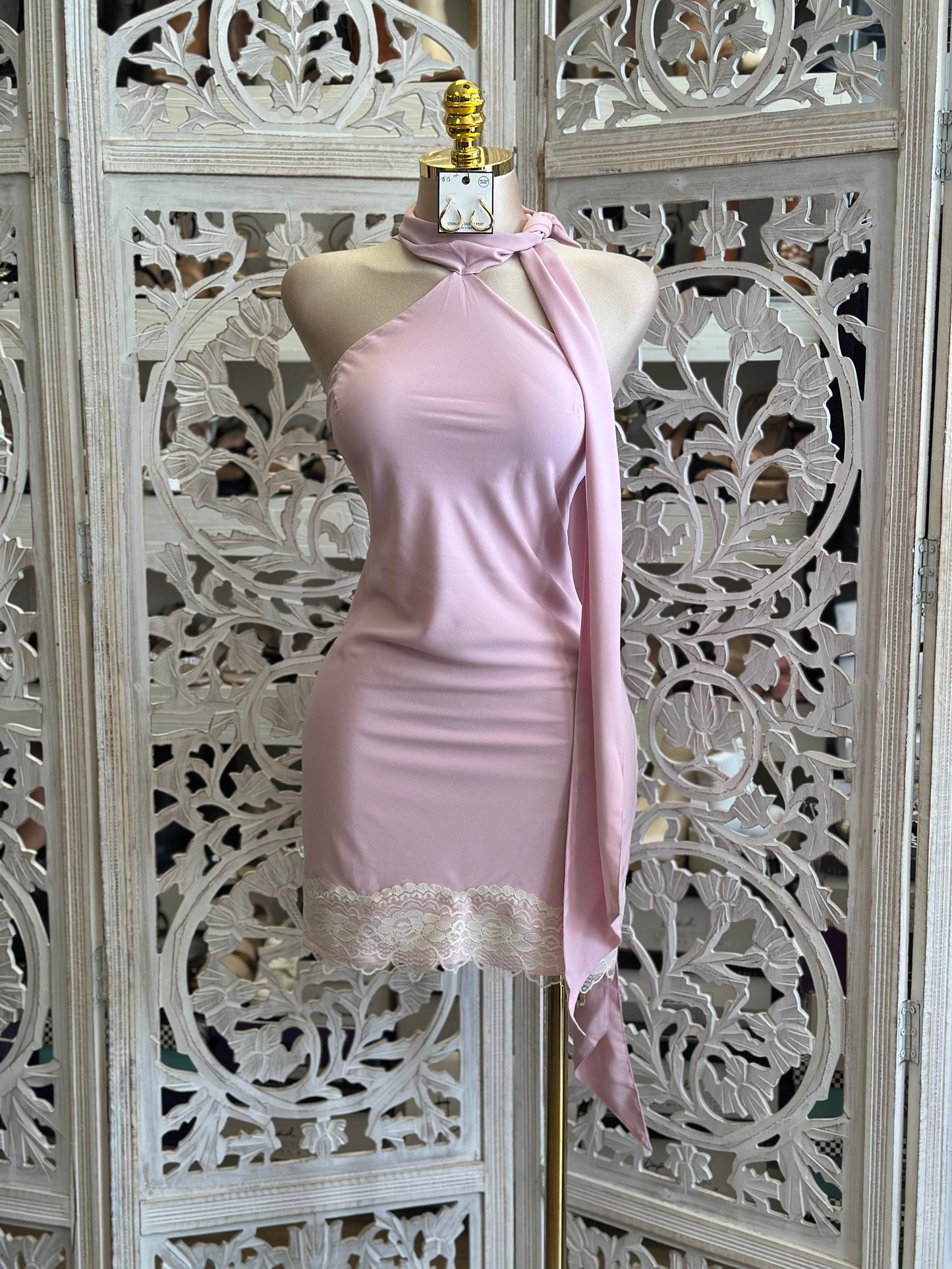 Scarfed Pink Lace Mini Dress- Not Stretchy, No Estira