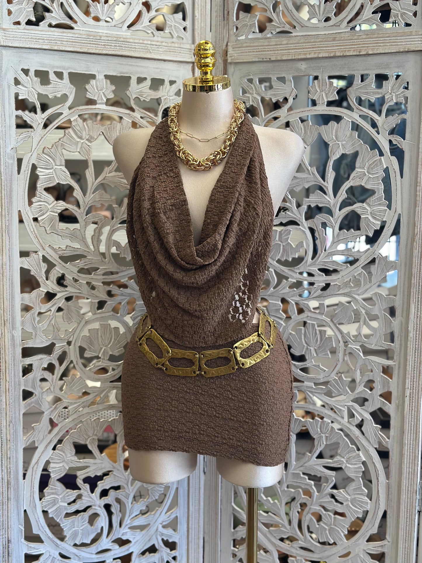Brown Halter Cowl Neck Mini Dress-Estira Stretchy