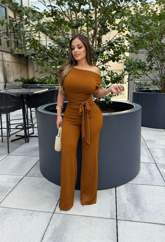 Mahogany Ribbed Asymmetrical Jumpsuit - Stretchy,Estira