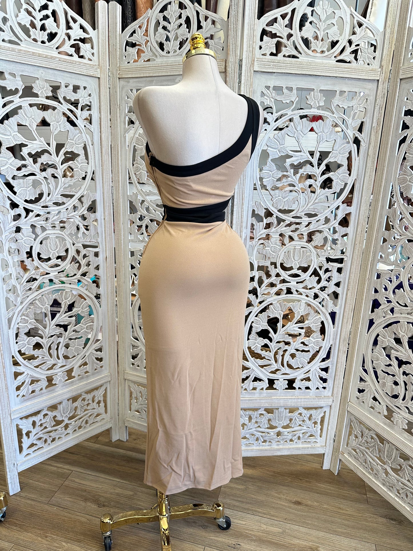 One Sleeve Nude Cutout Dress - Estira, Stretchy
