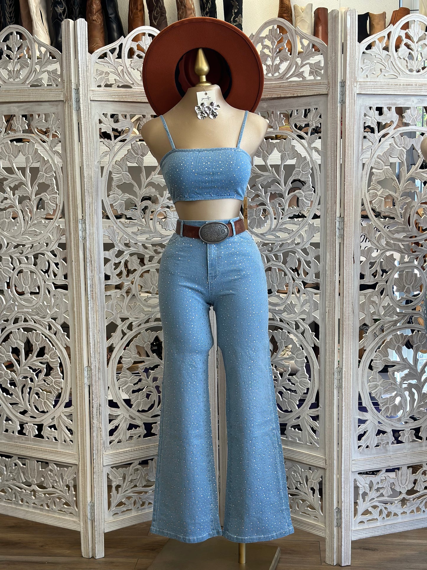 Rhinestone Jean and Crop Set- Slightly Stretchy, Estira Poco