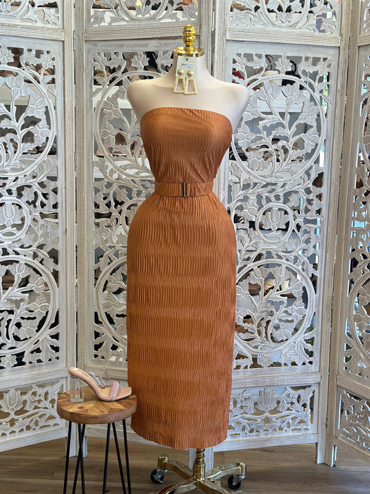 Pleated Rust Strapless Dress - Estira, Stretchy
