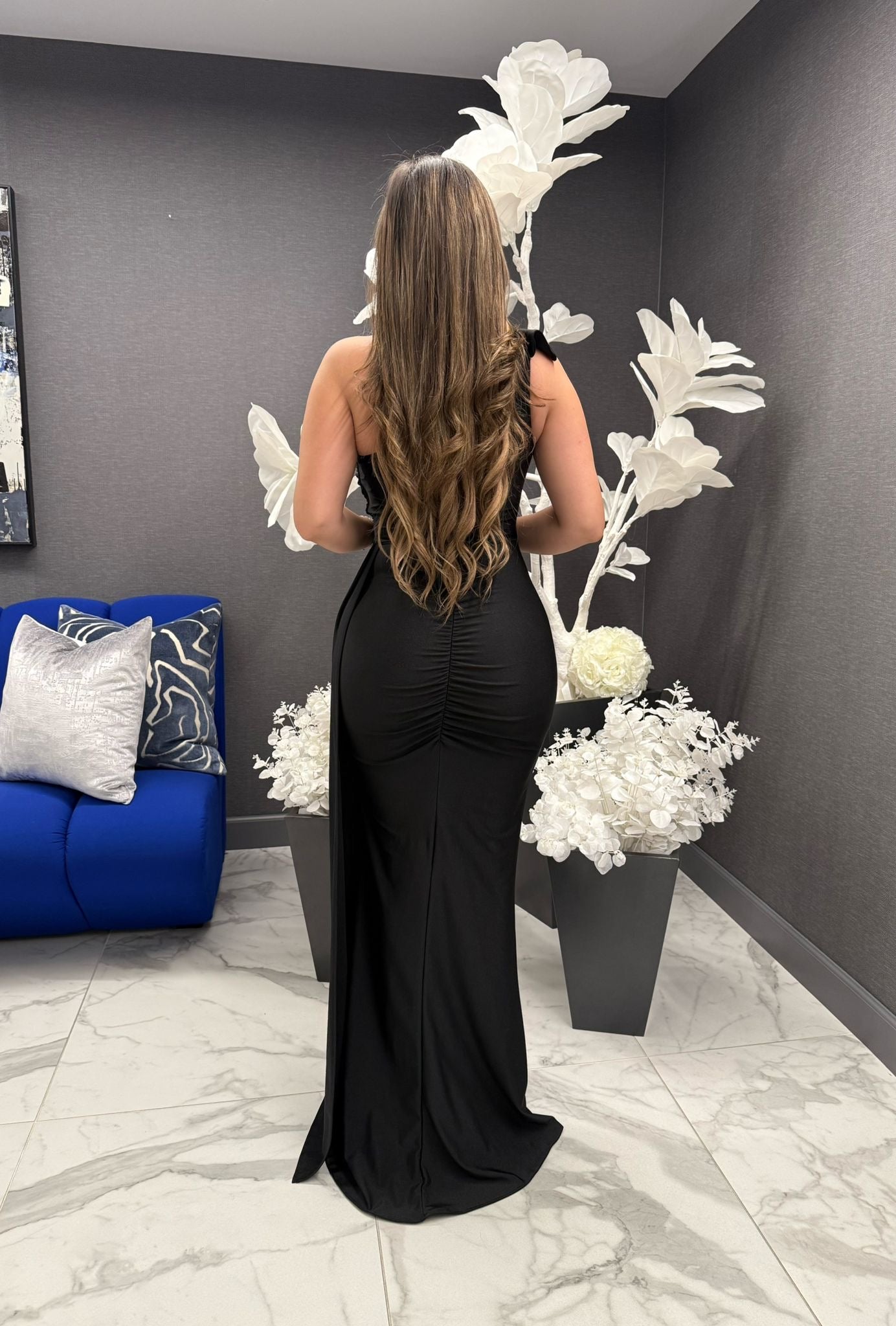 Black Bow One Sleeve Gown-Estira, Stretchy