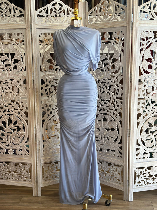 Linen Blue Draped Dress-Estira, Stretchy