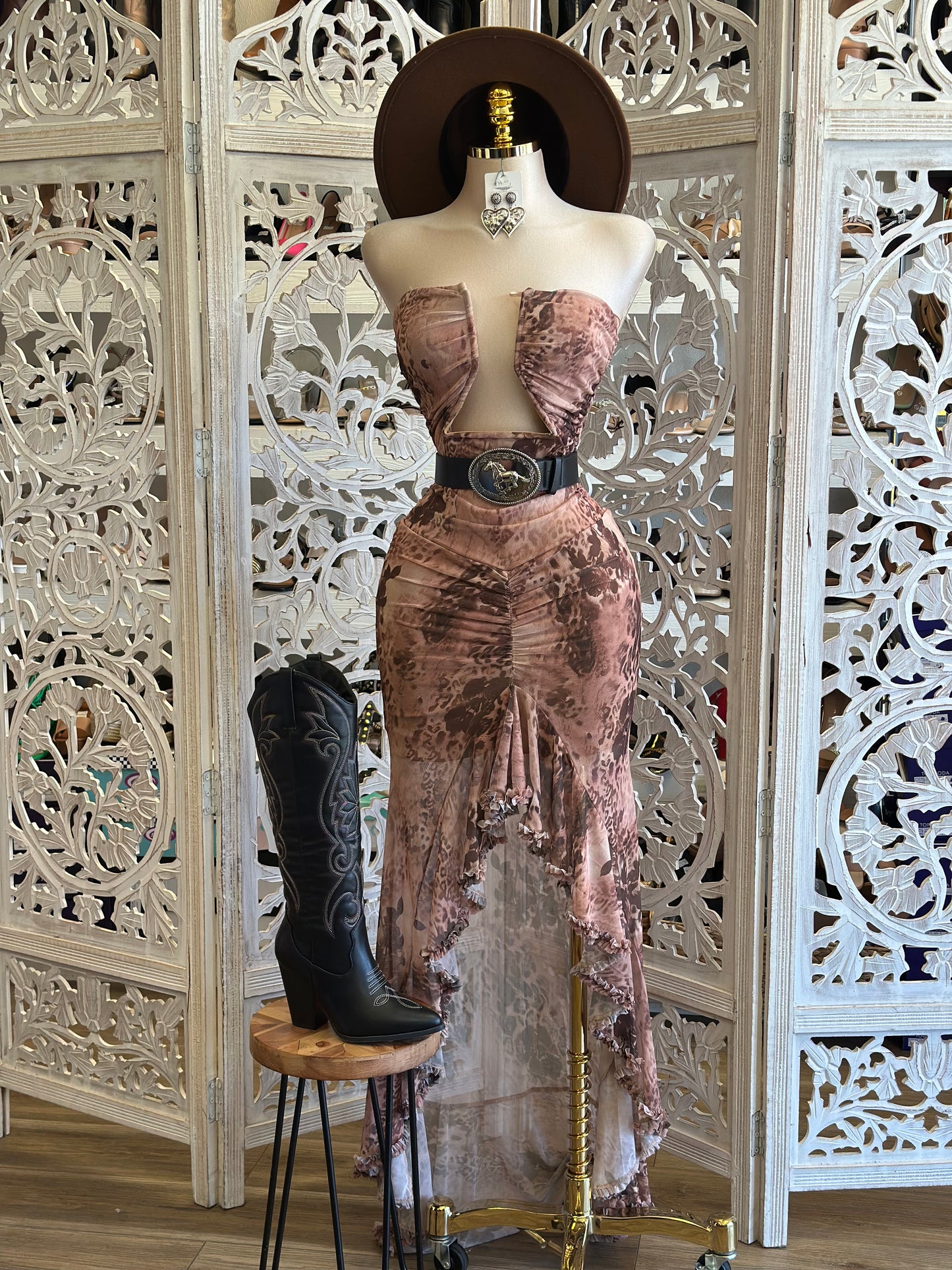 Brown Printed Open Front Dress- Stretchy, Estira