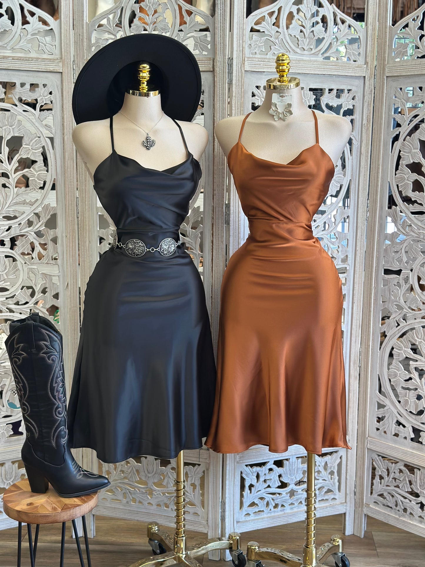 Satin Flare Midi Dress- Slightly Stretchy, Estira Poco