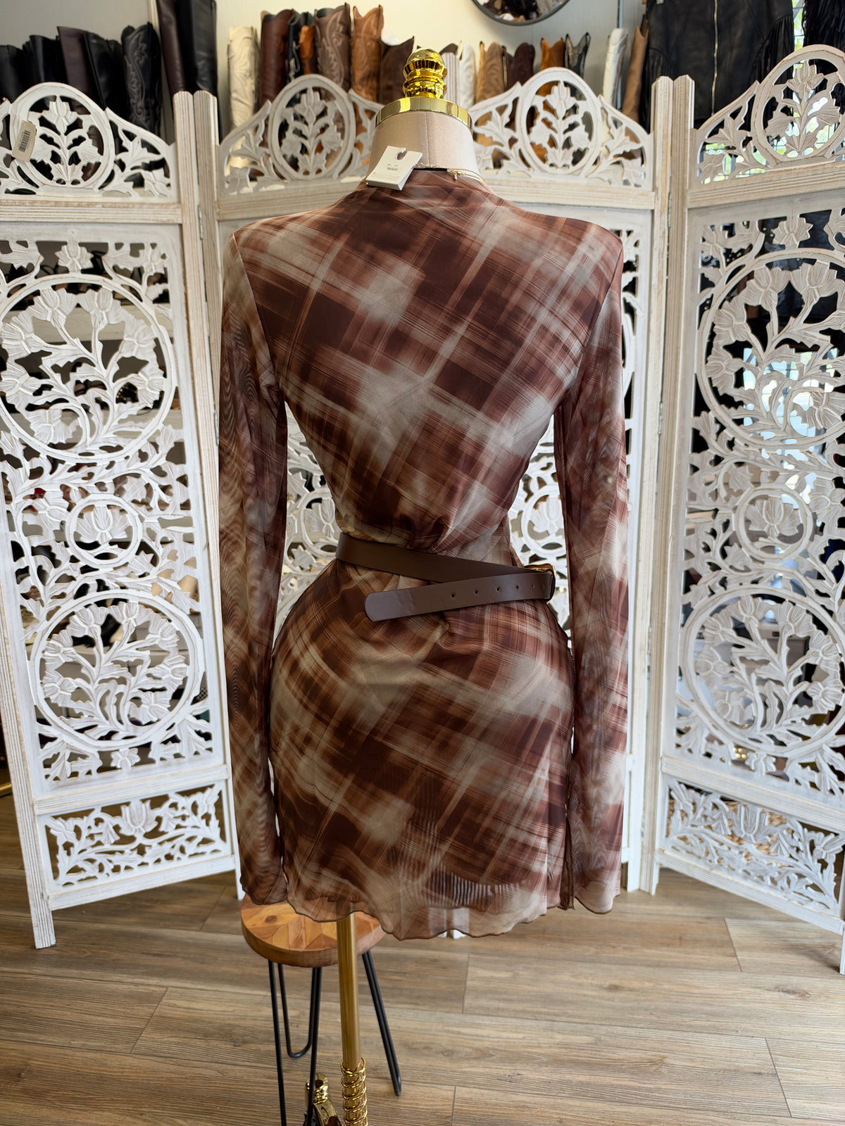 Espresso Grid Veil Mini Dress- Estira , Stretchy