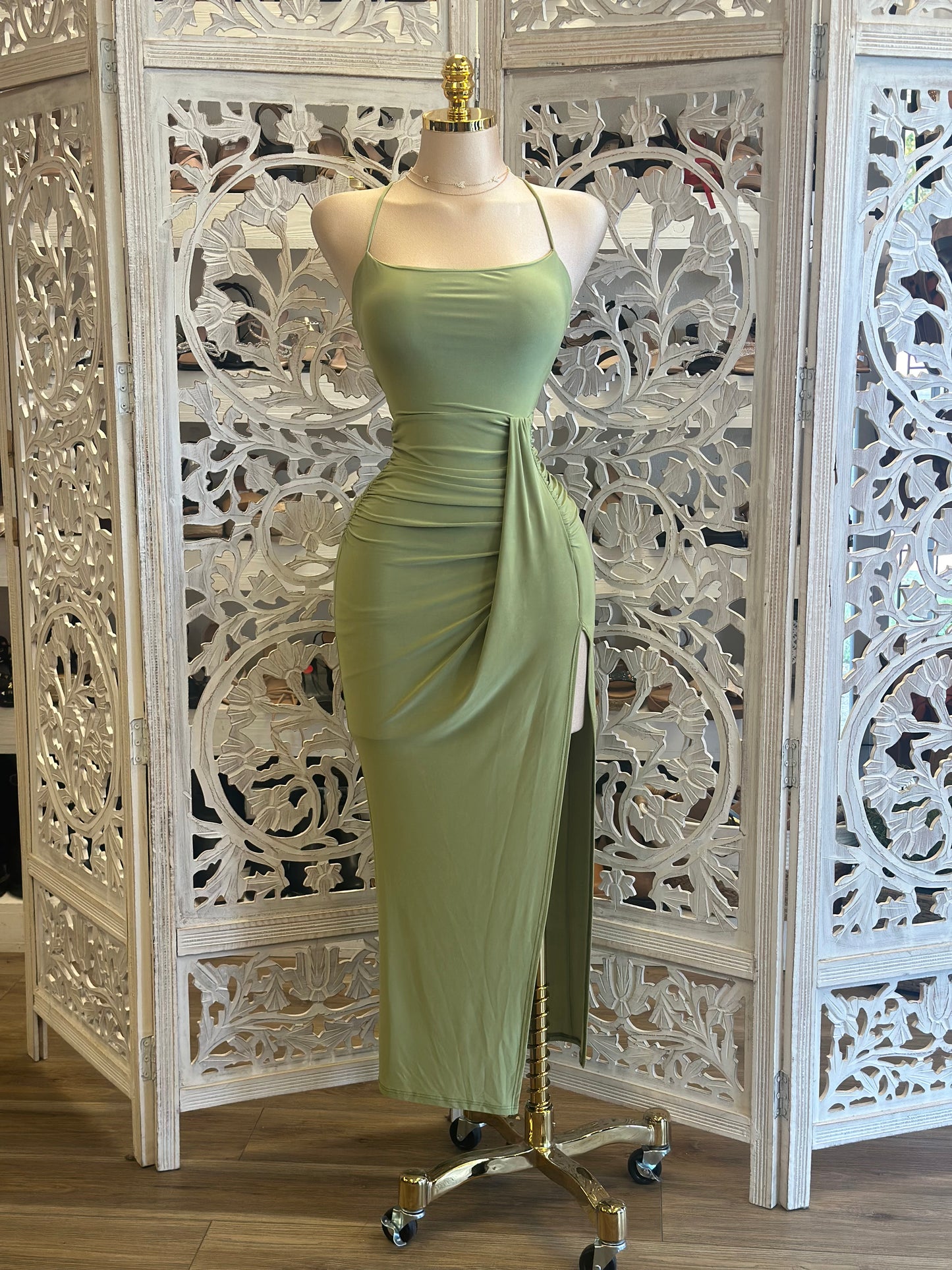 Green Strappy Back Draped Dress- Stretchy, Estira