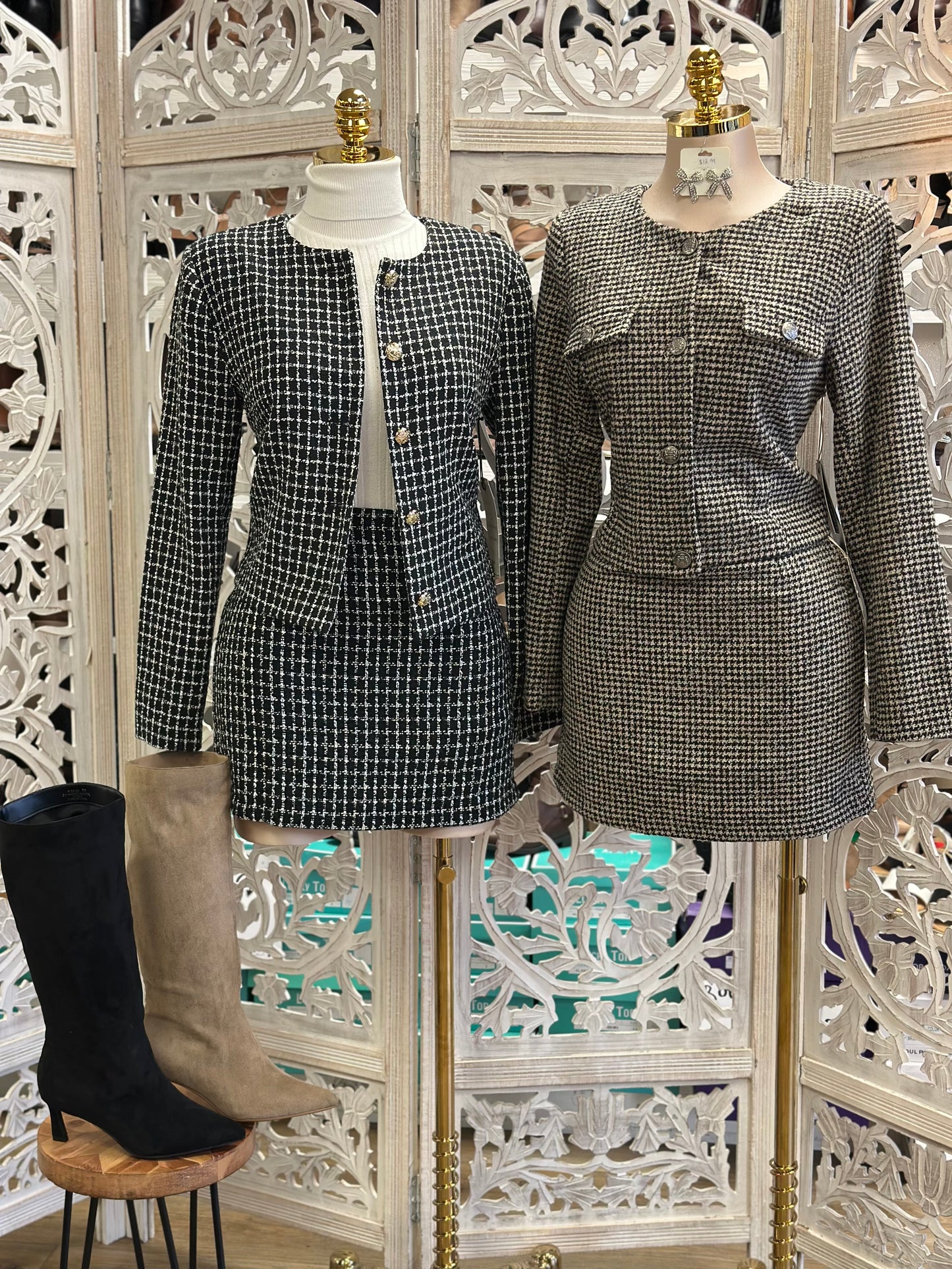 Houndstooth Blazer and Skirt Set - Not Stretchy, No Estira