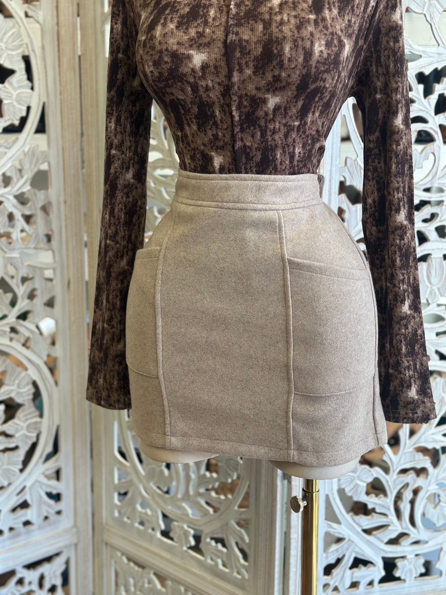 Light Brown Suede Mini Skirt- Stretchy , Estira
