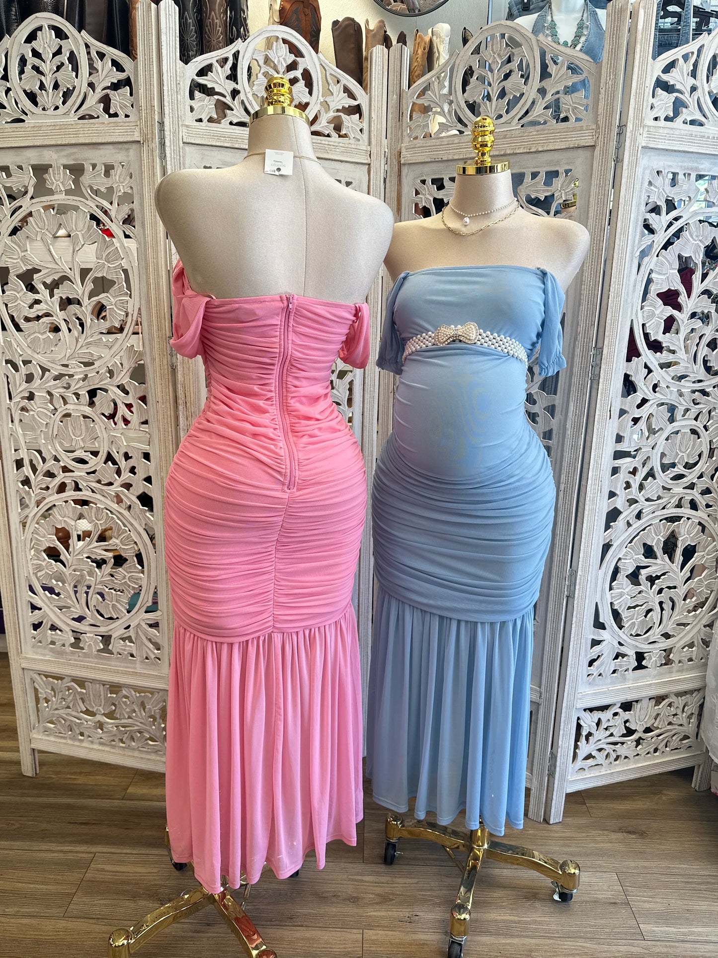 Off Shoulder Ruched Dress -Estira, Stretchy