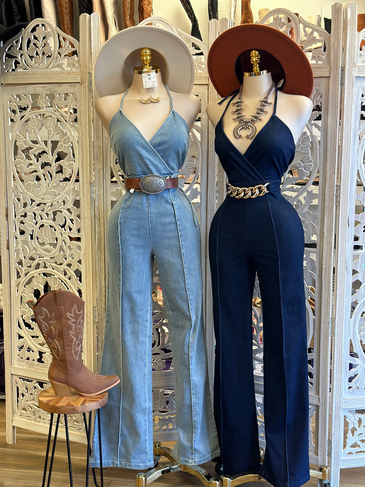 Denim Wrapped Backless Jumpsuit - Estira, Stretchy