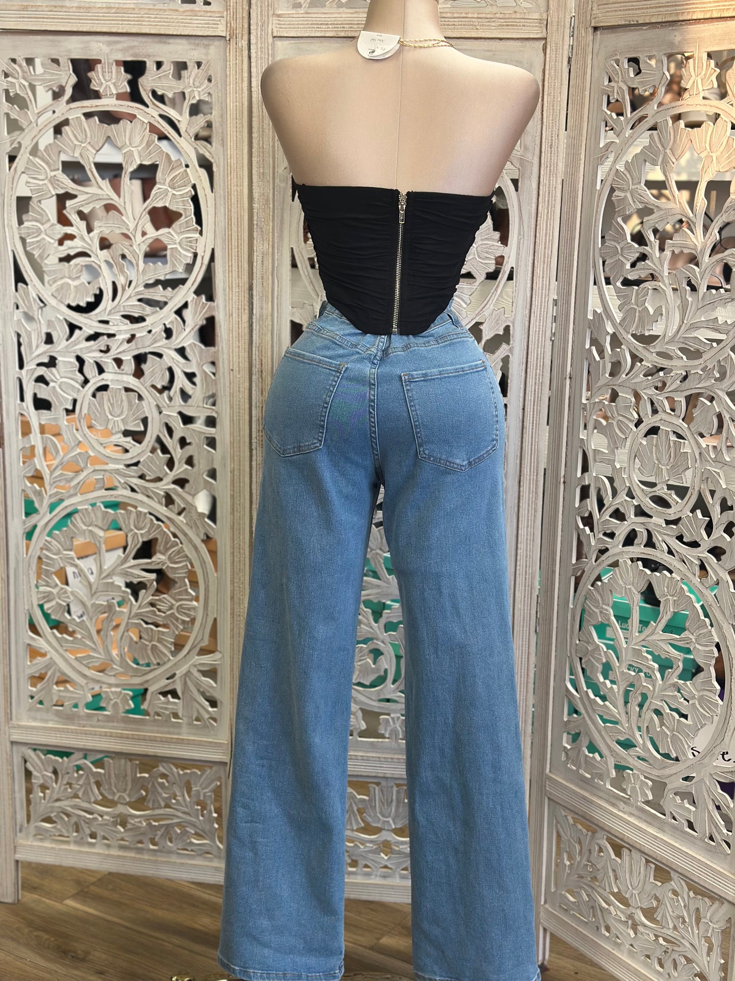 Enlarged Rhinestone Denim Wide Leg Jeans - Stretchy, Estira