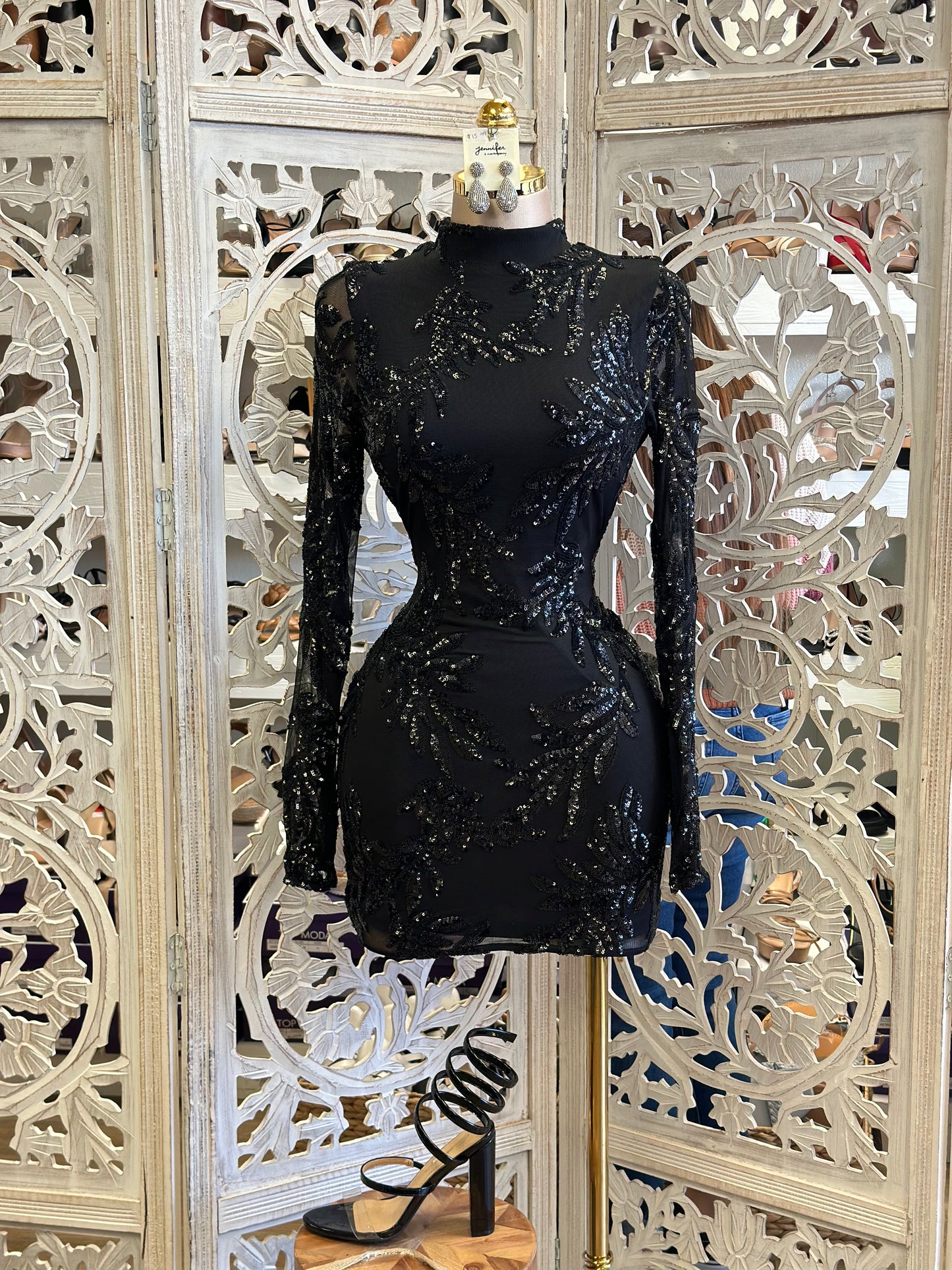 Sequin Black Mesh Mini Dress- Stretchy, Estira