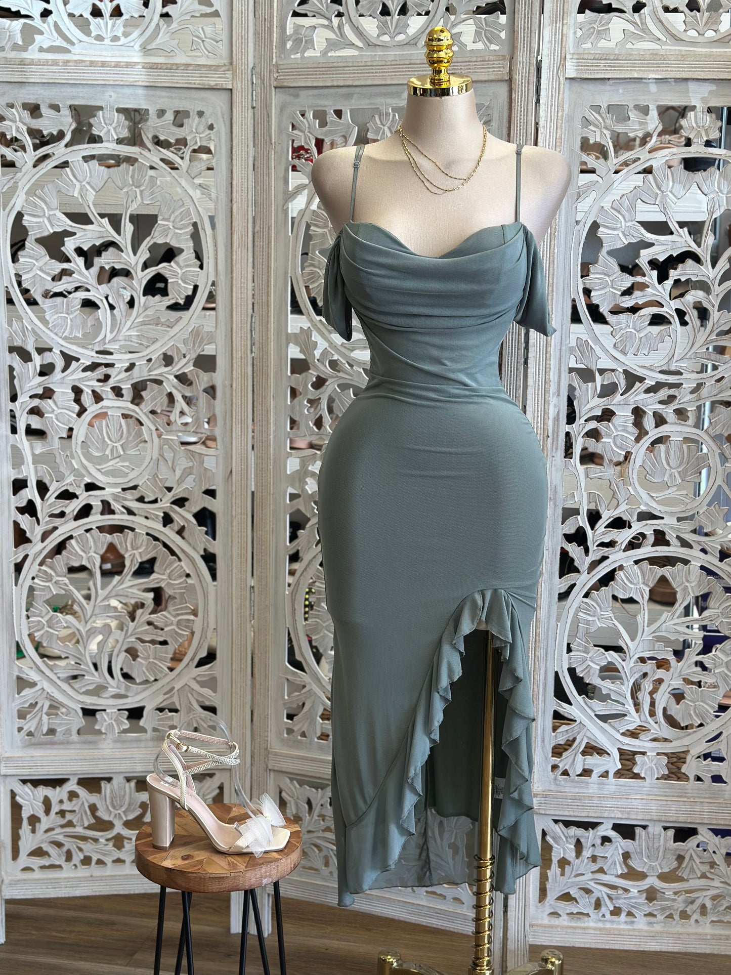 Seafoam Draped Shoulder Dress-Estira, Stretchy