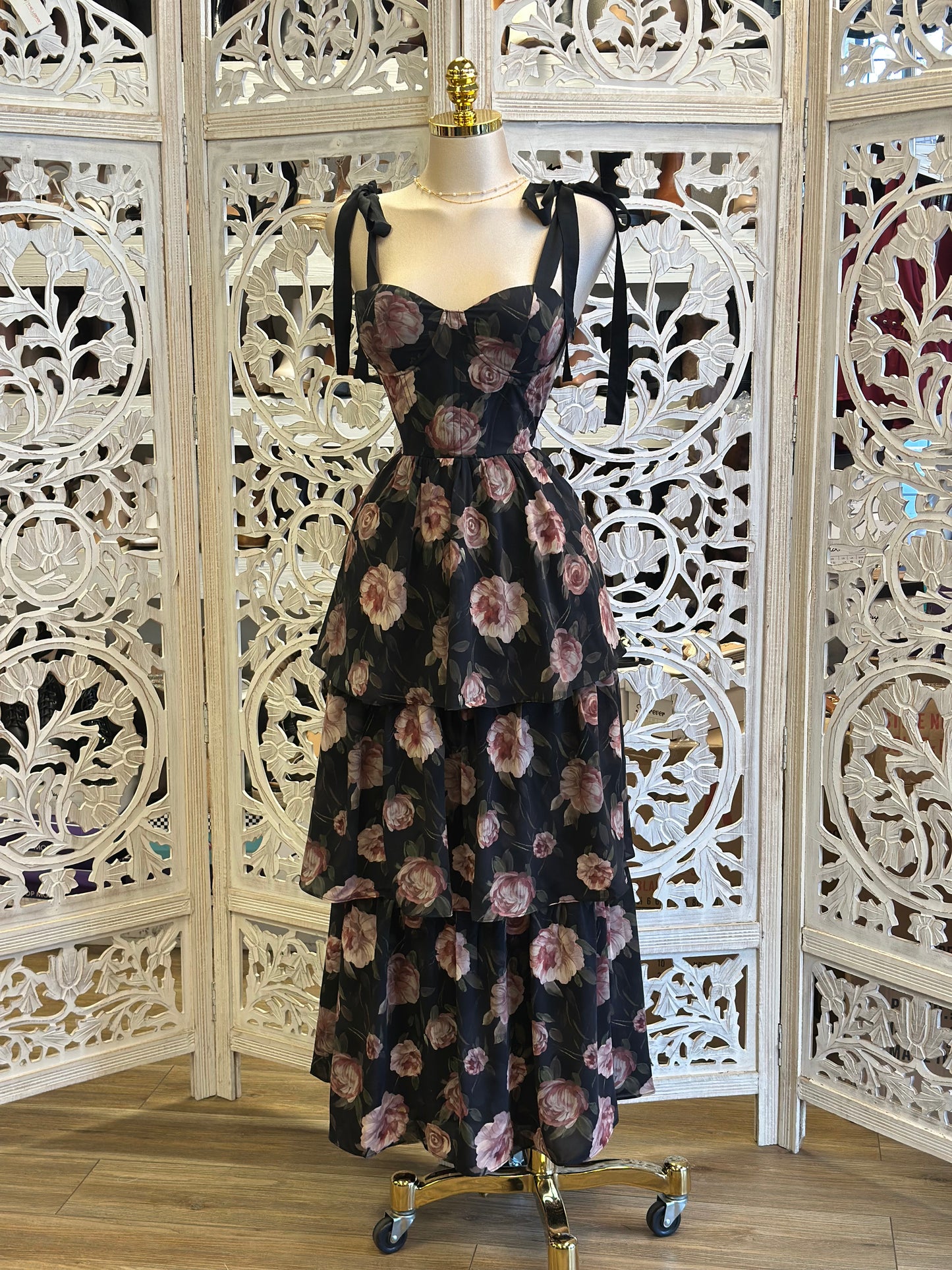 Ribbon Strap Blush Floral Dress -Stretchy,Estira