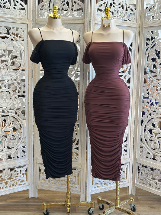 Off Shoulder Ruched Midi Dress- Stretchy