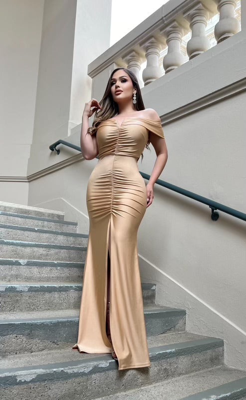 Champagne Heartline Ruched Gown- Slightly Stretchy, Estira