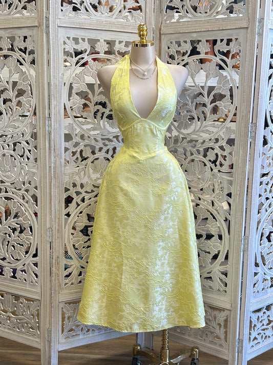 Embedded Floral Yellow Mini Dress- No Estira, Not Stretchy