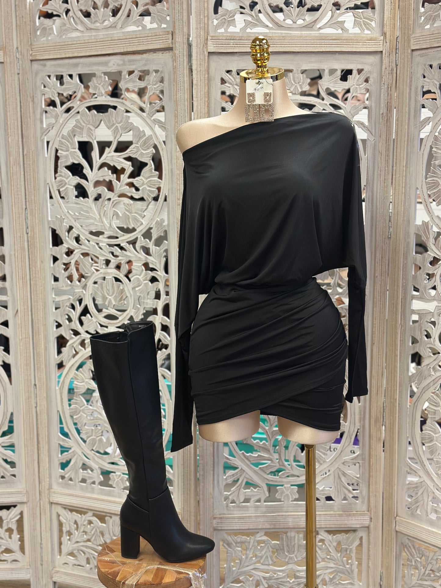 Black Draped Mini Dress- Stretchy,Estira