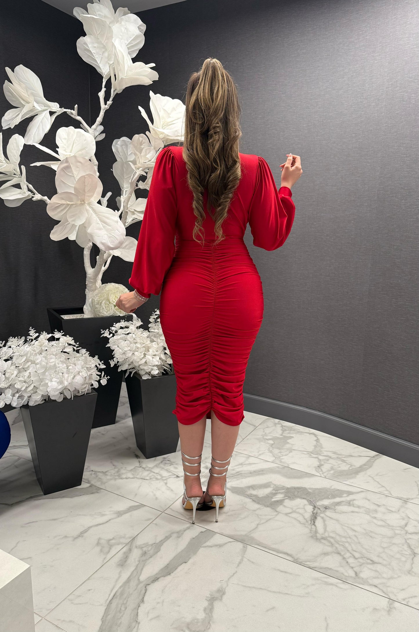 Sexy Red Knotted Bell Sleeve Dress-Stretchy,Estira