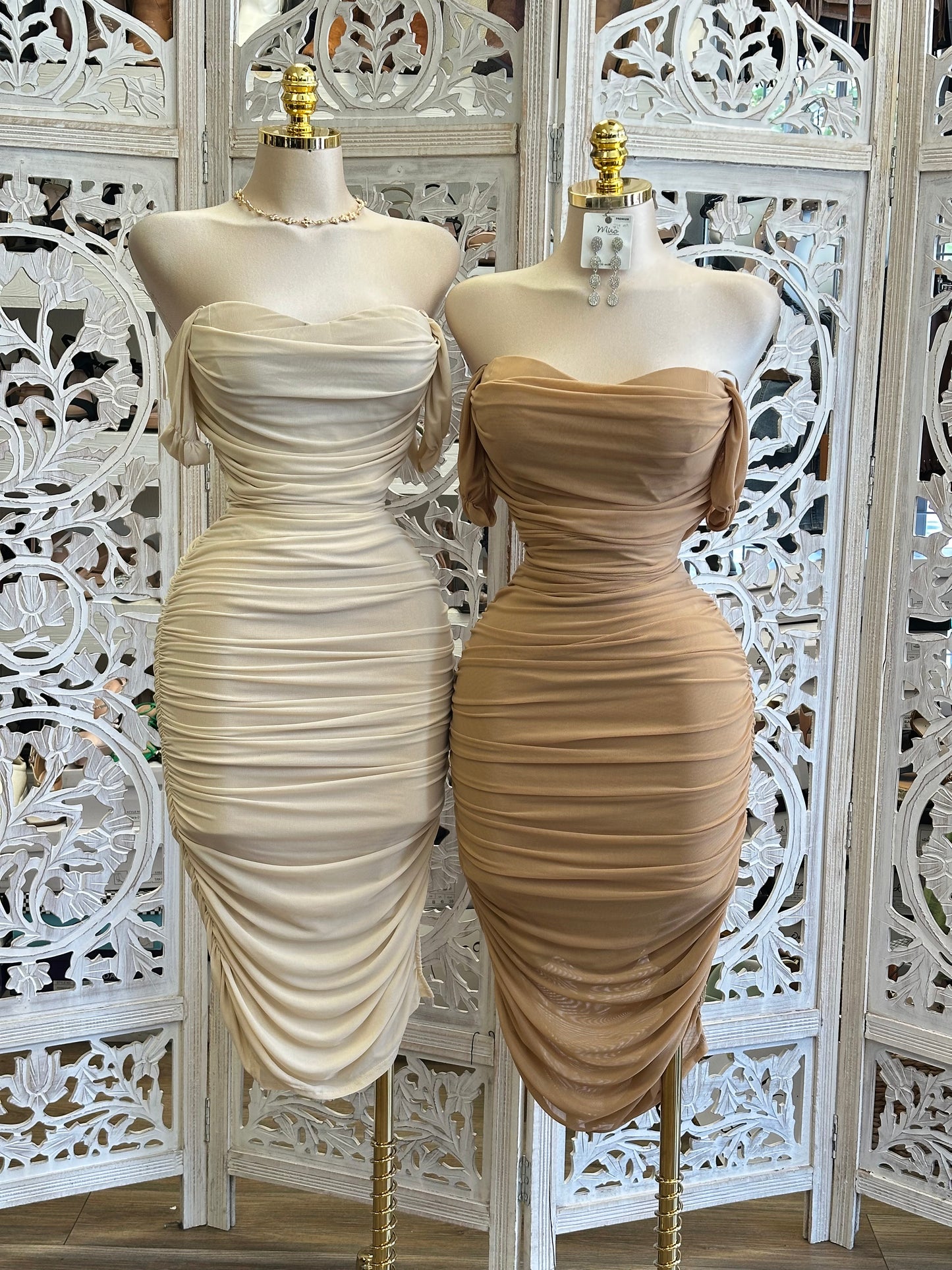 Off Shoulder Ruched Dress- Stretchy, Estira