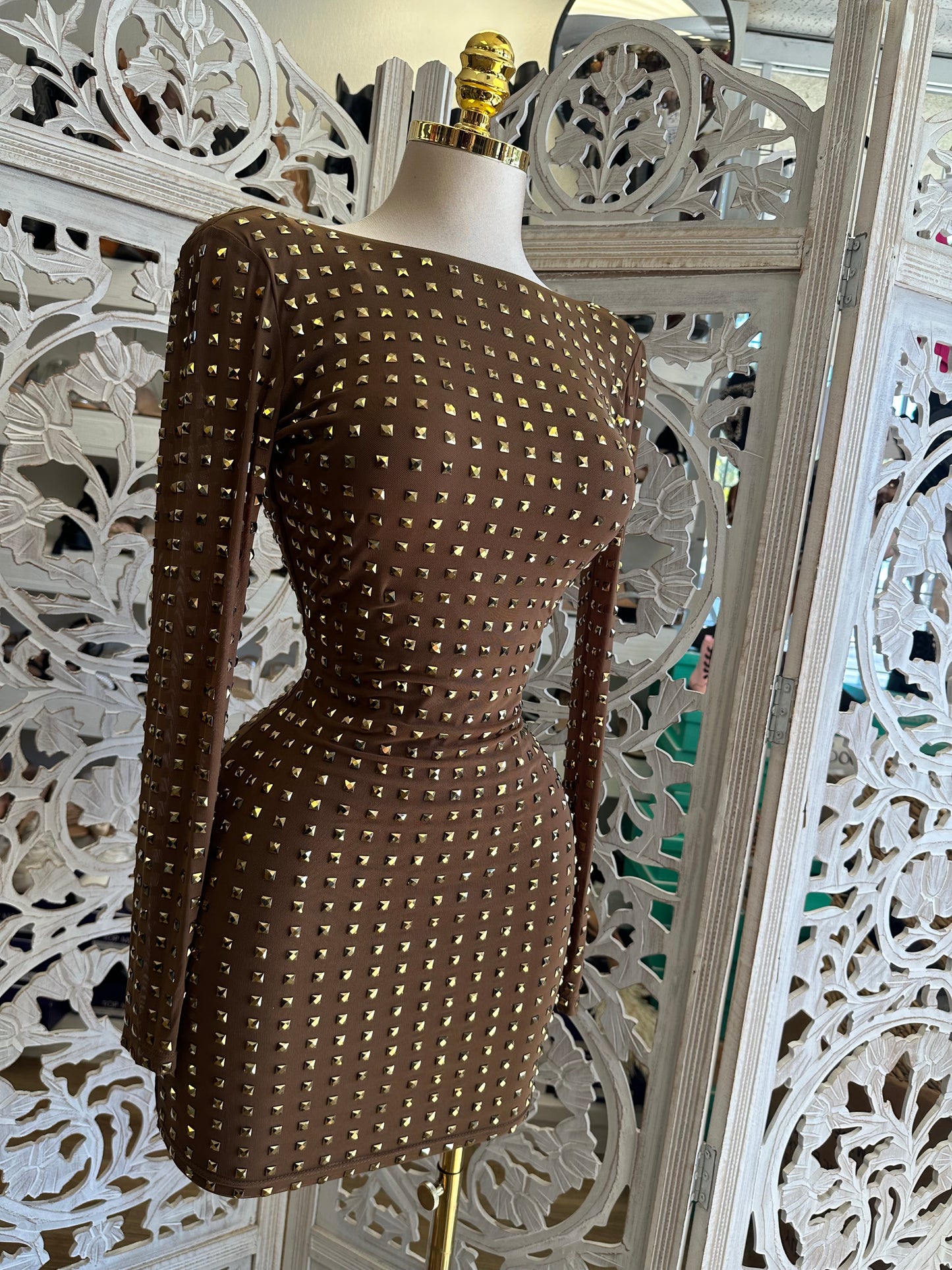 Gold Rhinestone Scoop Back Mini Dress- Stretchy, Estira