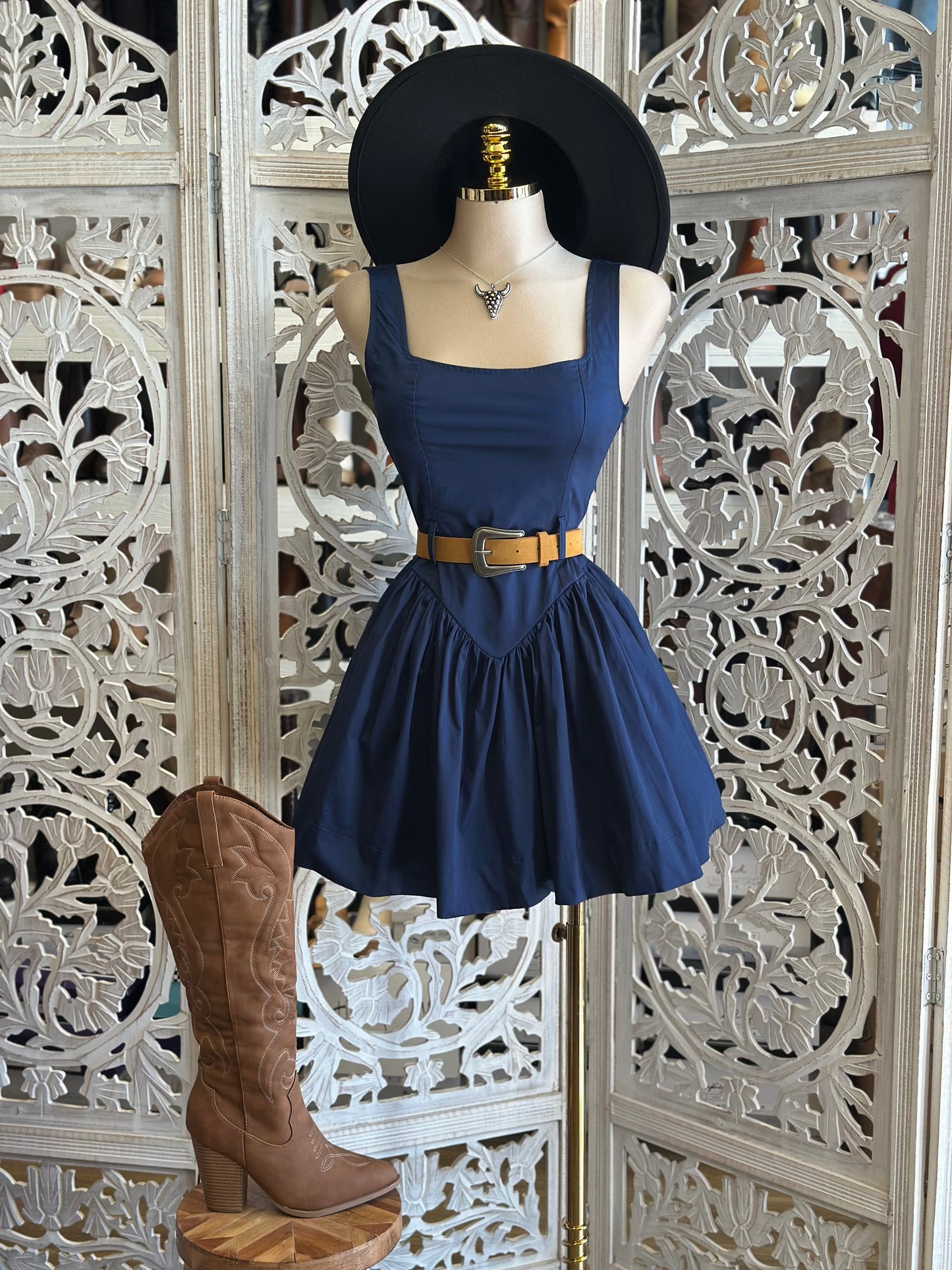 Navy Puff Mini Dress- Not Stretchy,No Estira