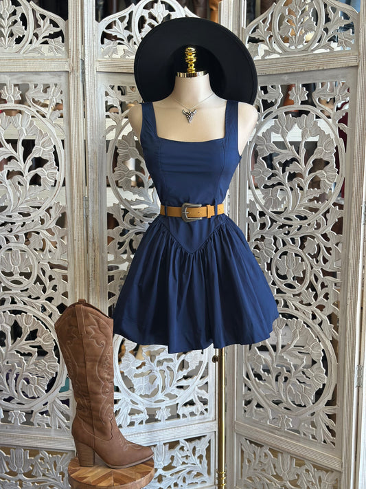 Navy Puff Mini Dress- Not Stretchy,No Estira