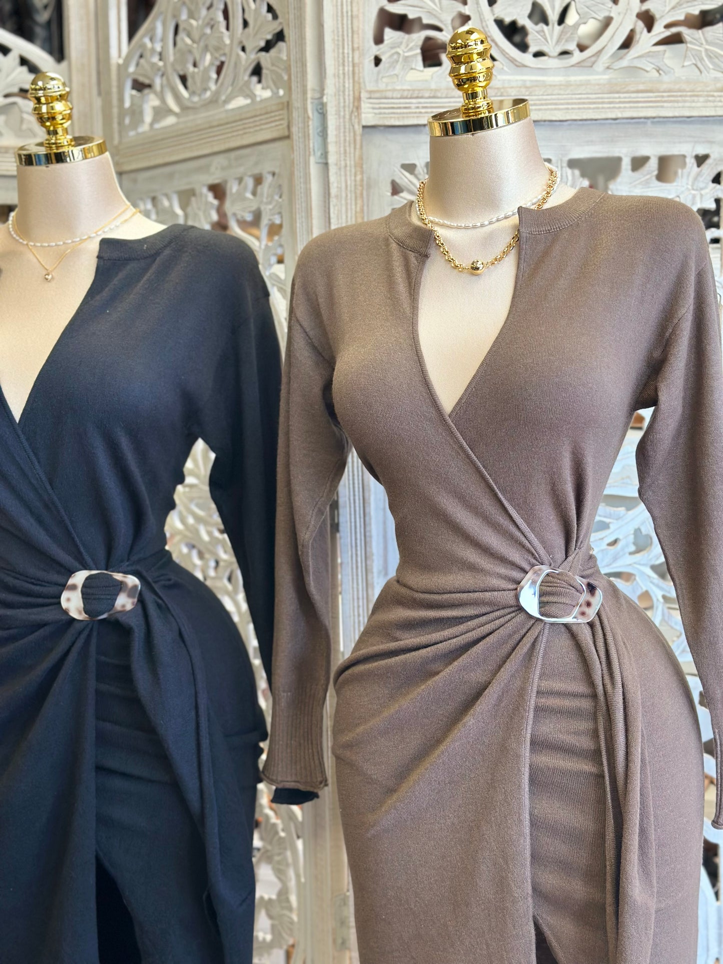 Wrapped Brass Buckle Sweater Dress- Stretchy,Estira