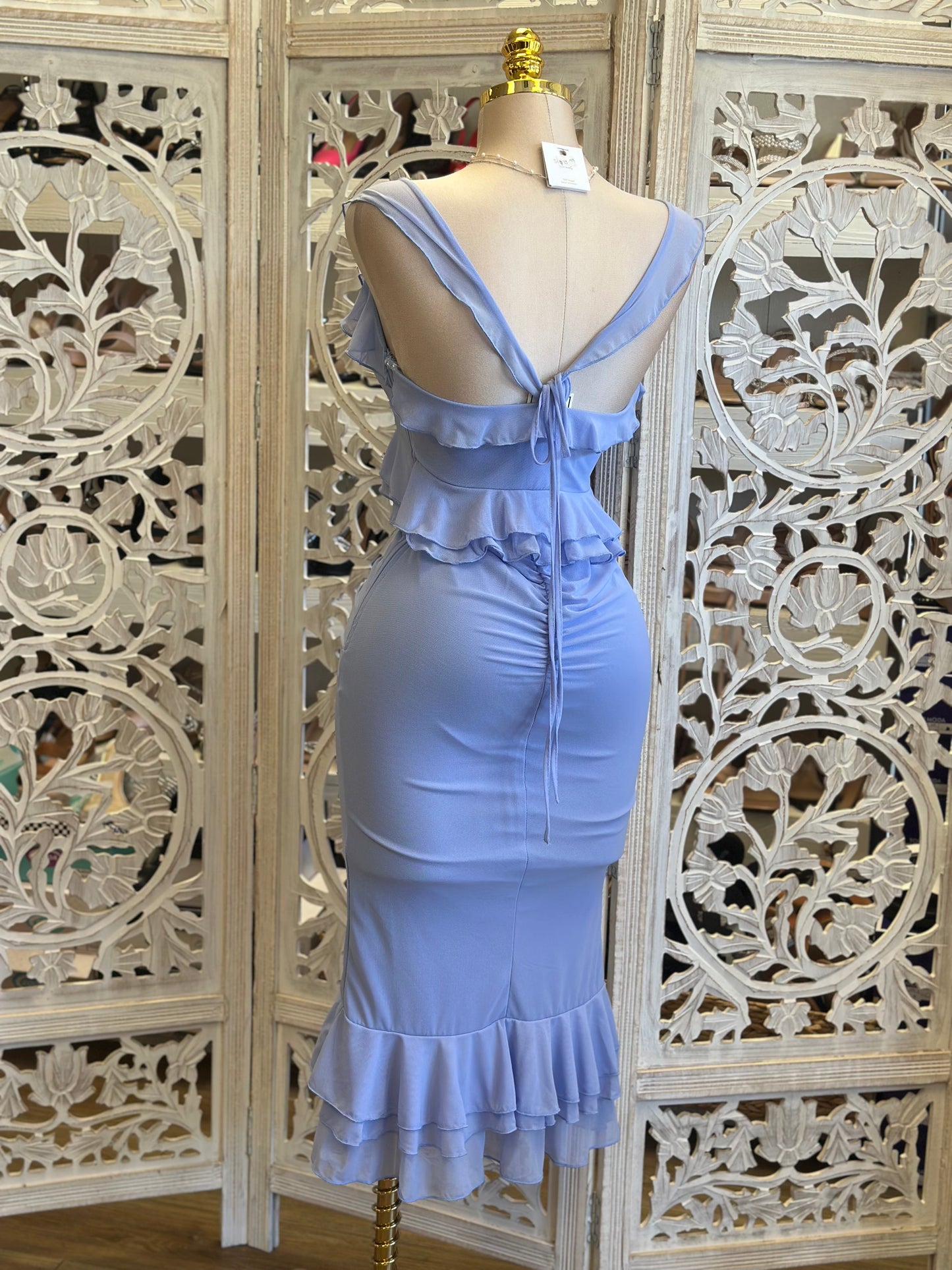 Pastel Blue Ruched Midi Dress-Estira, Stretchy