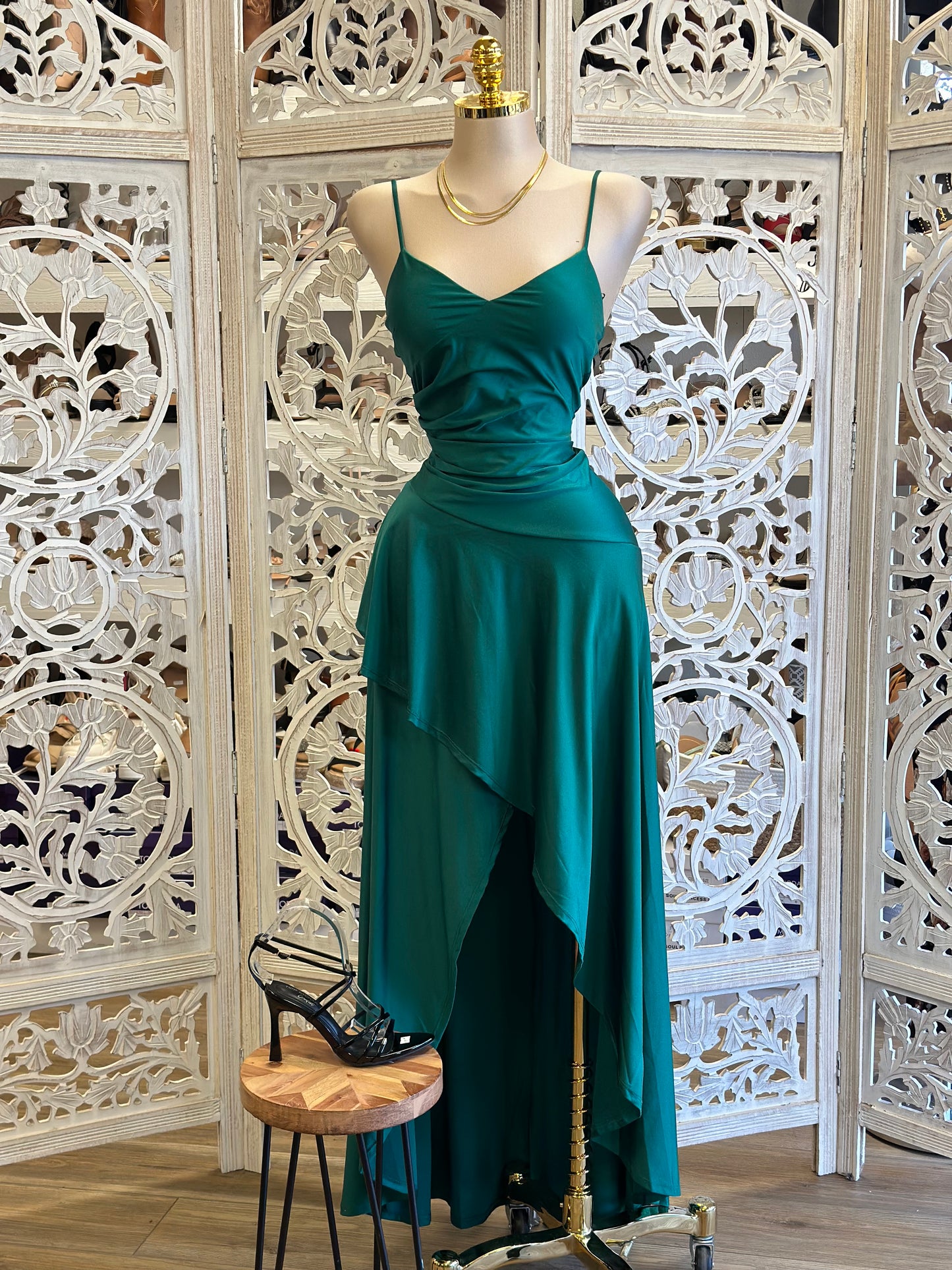 Forest Green Wrapped Cami Formal Dress- Stretchy,Estira
