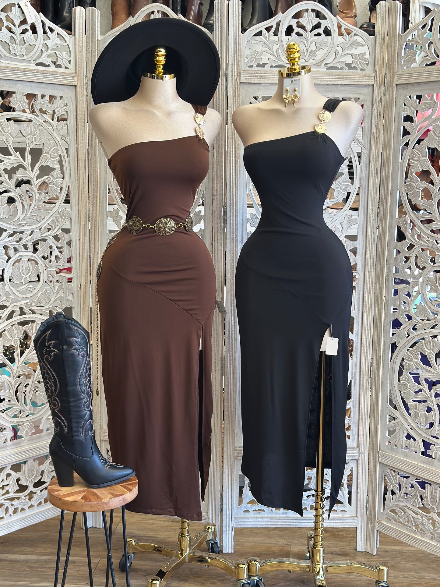 Gold Chain Strap Slit Dress - Estira, Stretchy