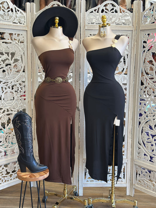 Gold Chain Strap Slit Dress - Estira, Stretchy