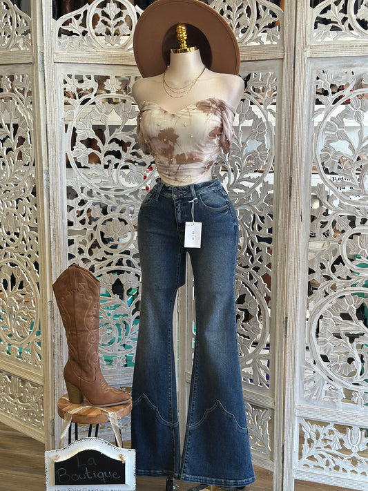 Dark Flare Embroidered Jeans-Stretchy Estira