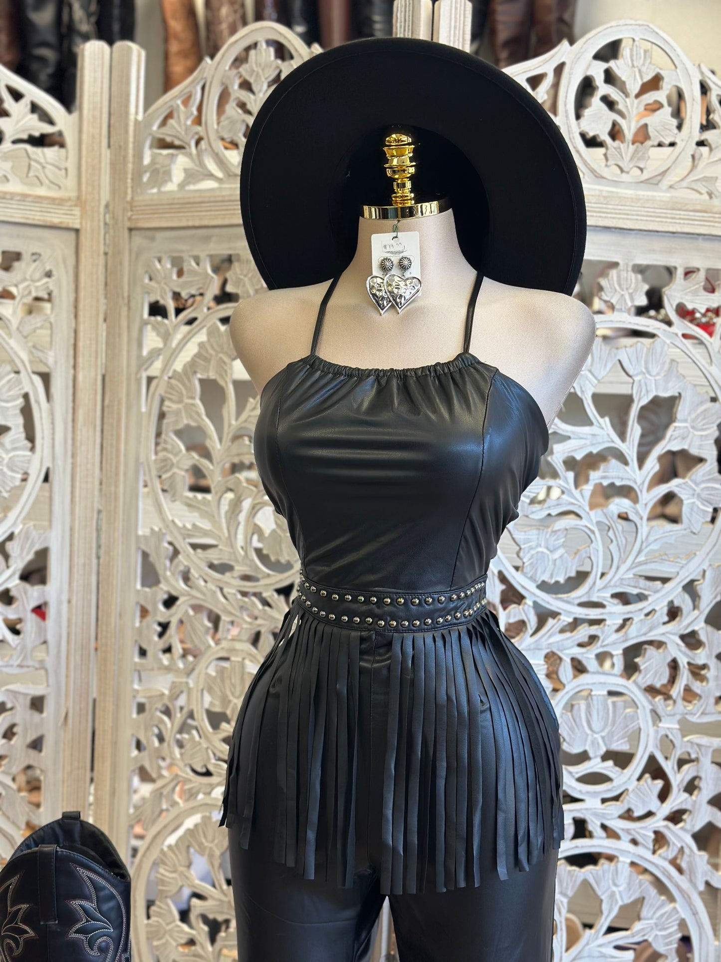 Studded Fringe Faux Leather Jumpsuit - Stretchy,Estira