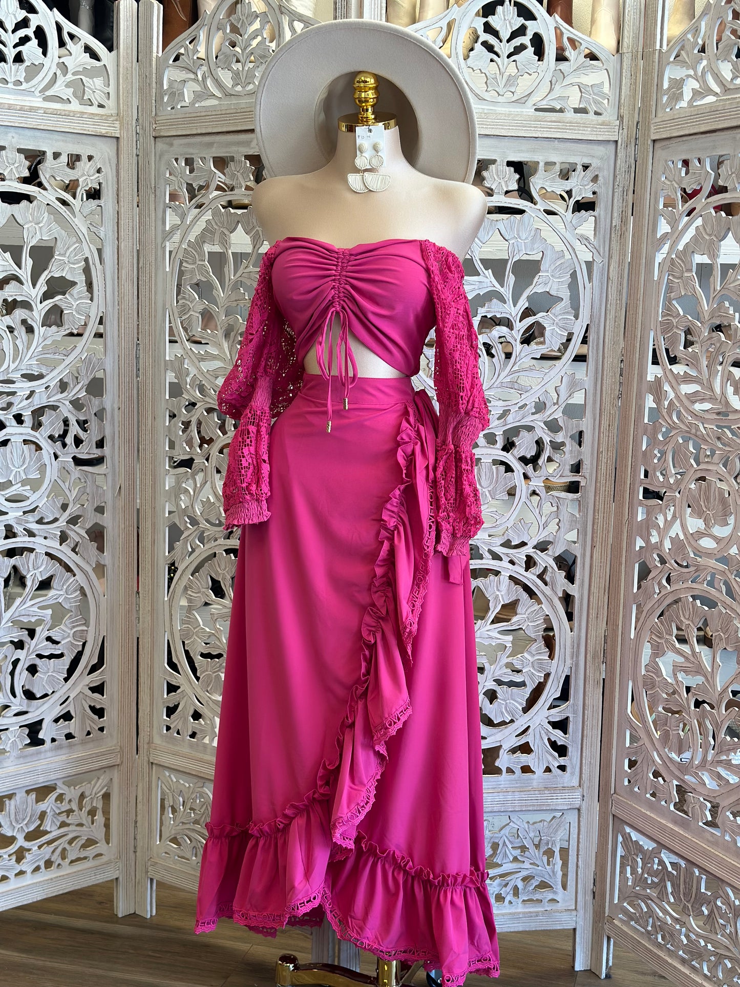 Hot Pink Ruffle Maxi Skirt Set- Not Stretchy, No Estira