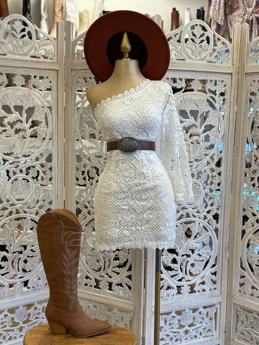 White Lace One Shoulder Mini Dress- Not Stretchy 100 % poliéster