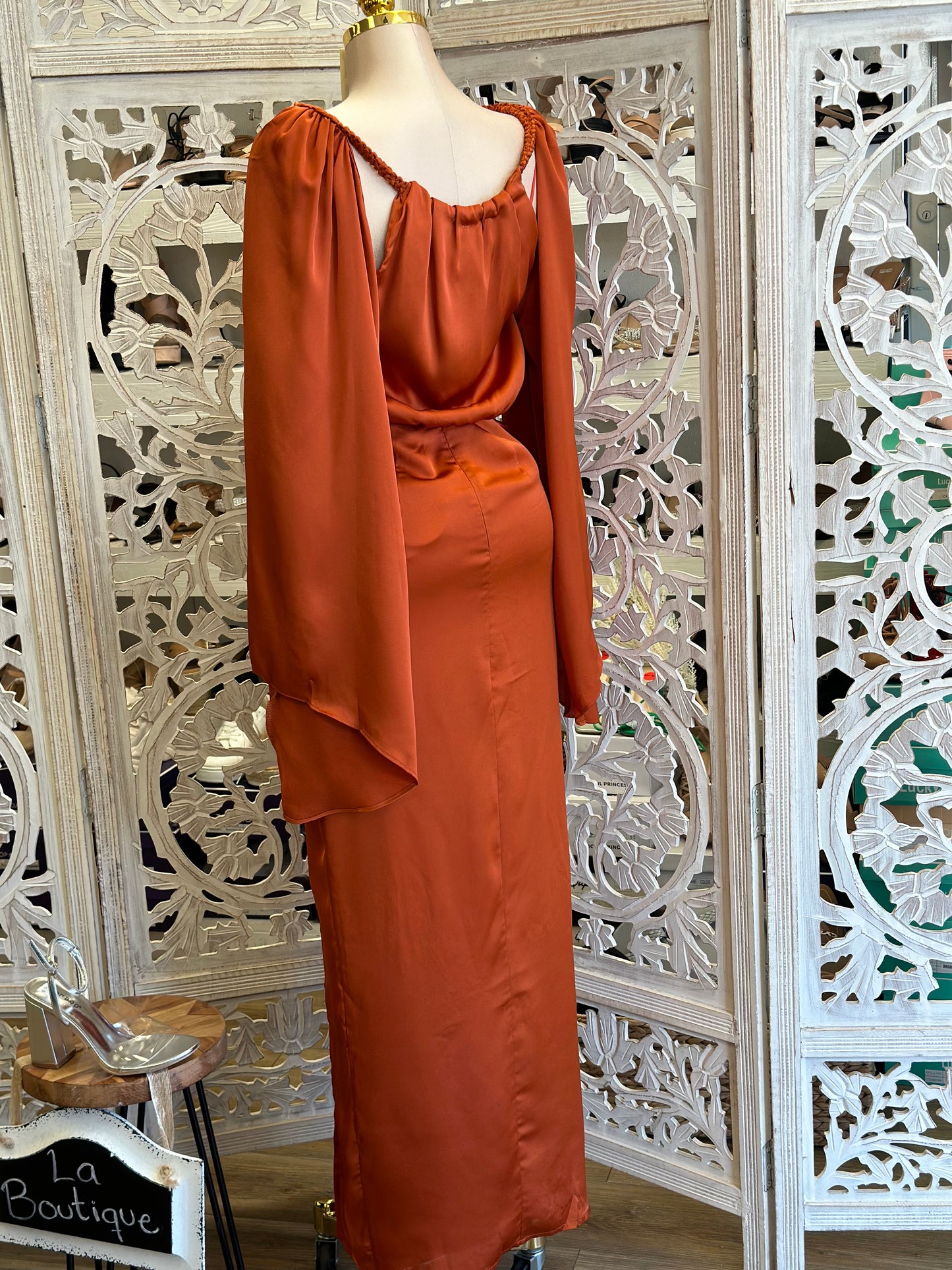 Tawny Satin Caped Gown- Not Stretchy, No Estira
