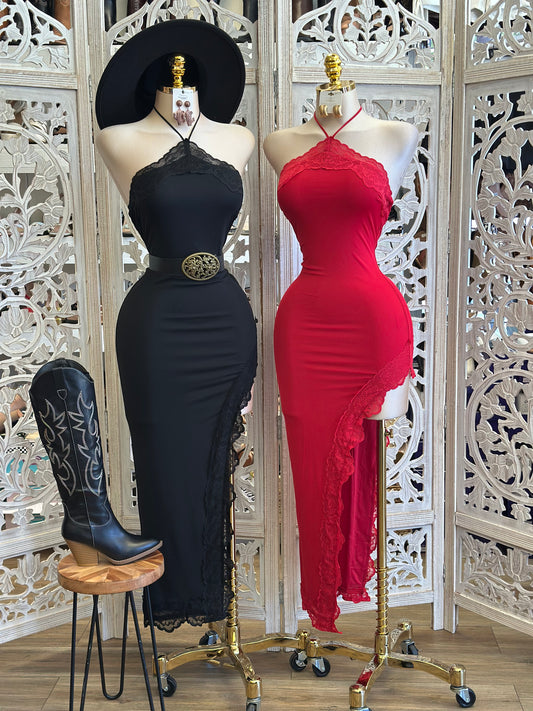 Lace Lined Halter Midi Dress- Stretchy