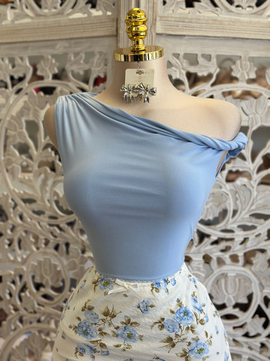 Sky Blue Asymmetrical Blouse - Estira Poco , Slightly Stretchy