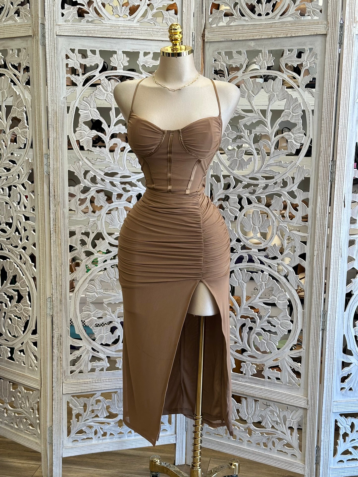 Brown Satin Lined Halter Corset Dress-Estira Stretchy